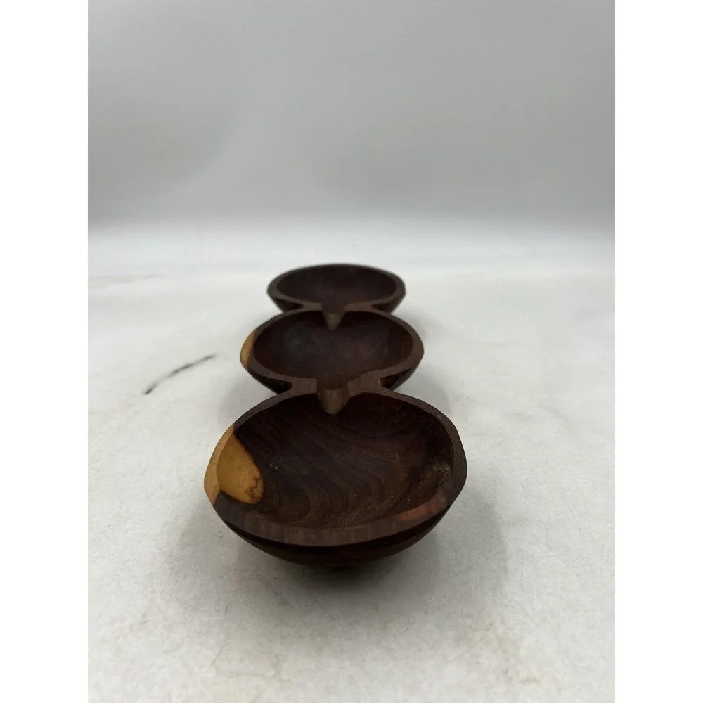 VTG Wooden Serving Tray Nut Dish Hand Carved 3 Section Live Edge Dark Wood